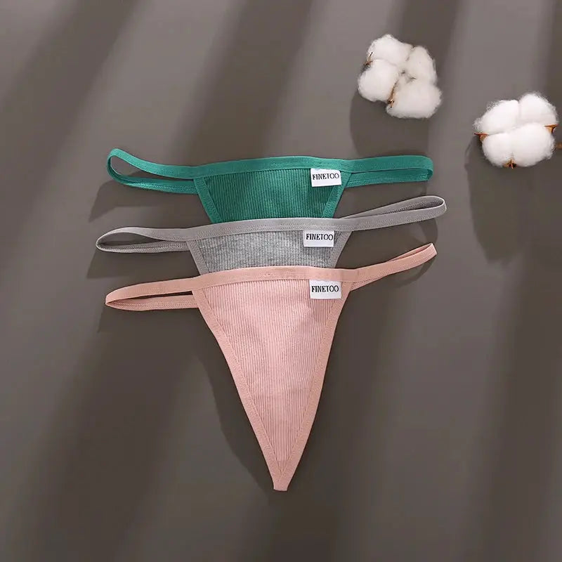 3 Finetoo cotton seamless low-rise thongs in green, gray and pink