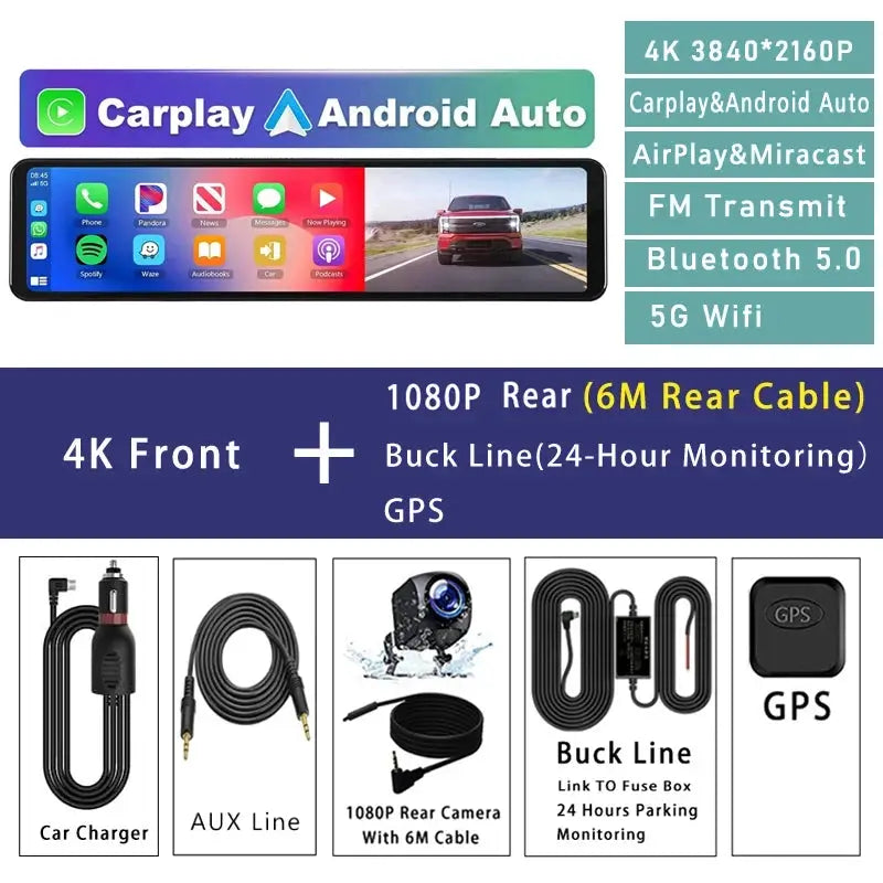 11.26 Inch 4K Car DVR With CarPlay Android Auto Dash Cam GPS WiFi