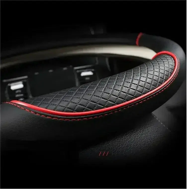 Steering wheel cover black microfiber leather with red piping, 38cm, Simples Market