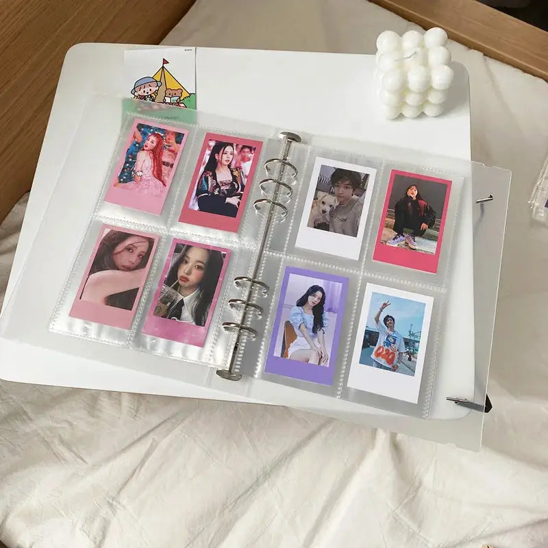 Yoofun A5 binder with clear plastic sleeves holding 8 Korean idol photo cards for a compact photo organizer.