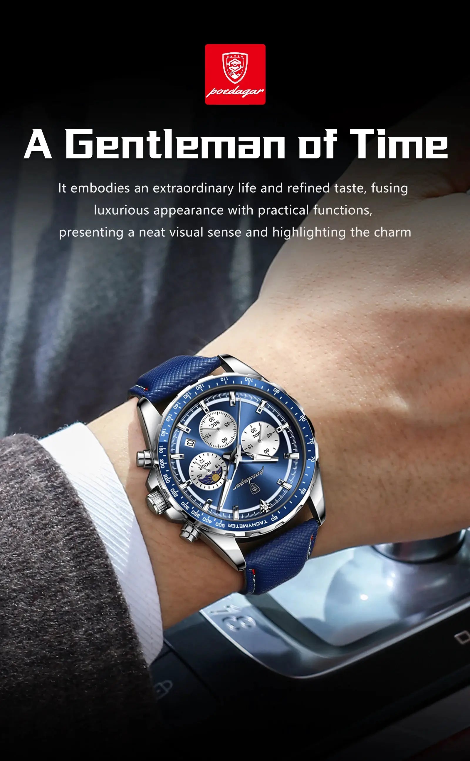 POEDAGAR men's blue chronograph wristwatch with leather strap and stainless steel case