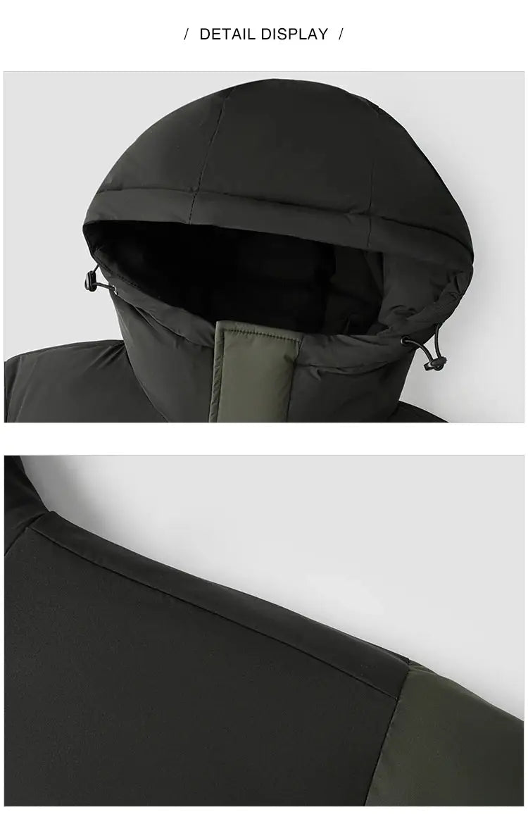Semir Down Jacket Men, waterproof long-length outerwear in black with olive trim, Simples Market