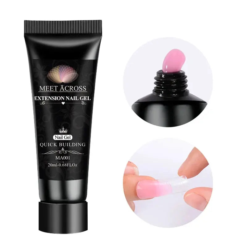 Meet Across extension nail gel tube with pink quick-building builder gel; pink gel swatch with brush shown.