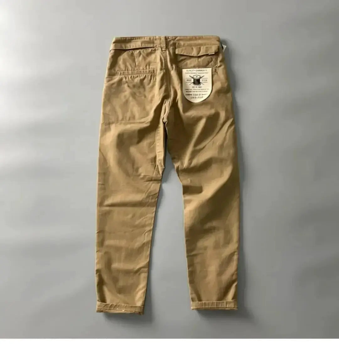 Simples Market men's khaki pure cotton cargo pants with loose straight leg and patch label