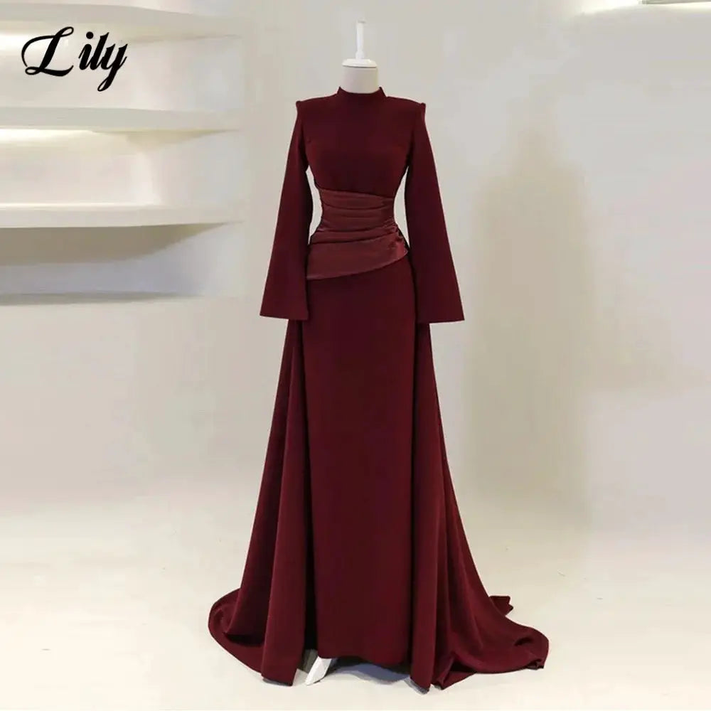 Lily Burgundy Satin Mermaid Prom Dress With High Neck Sleeves Dubai