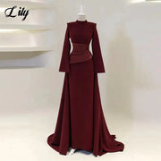Lily Burgundy Satin Mermaid Prom Dress With High Neck Sleeves Dubai
