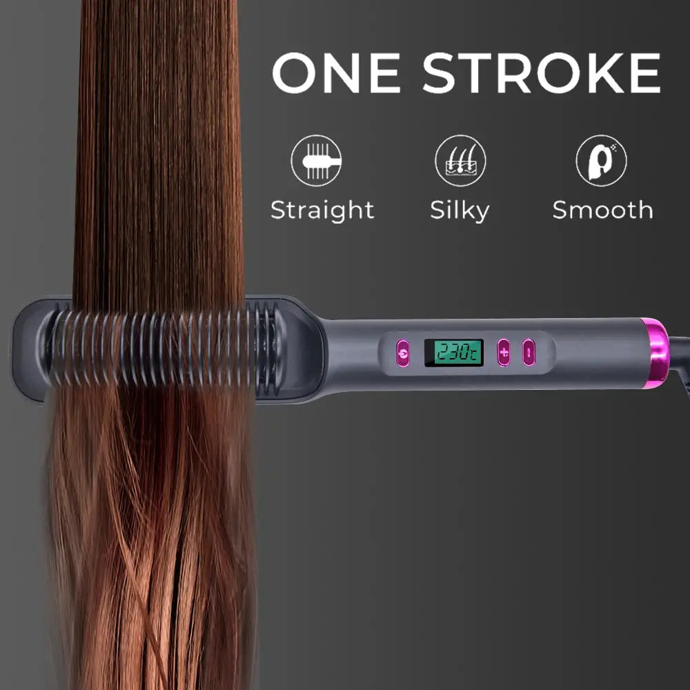 Electric hot comb multifunctional straightening brush with gray body and pink accents, digital display