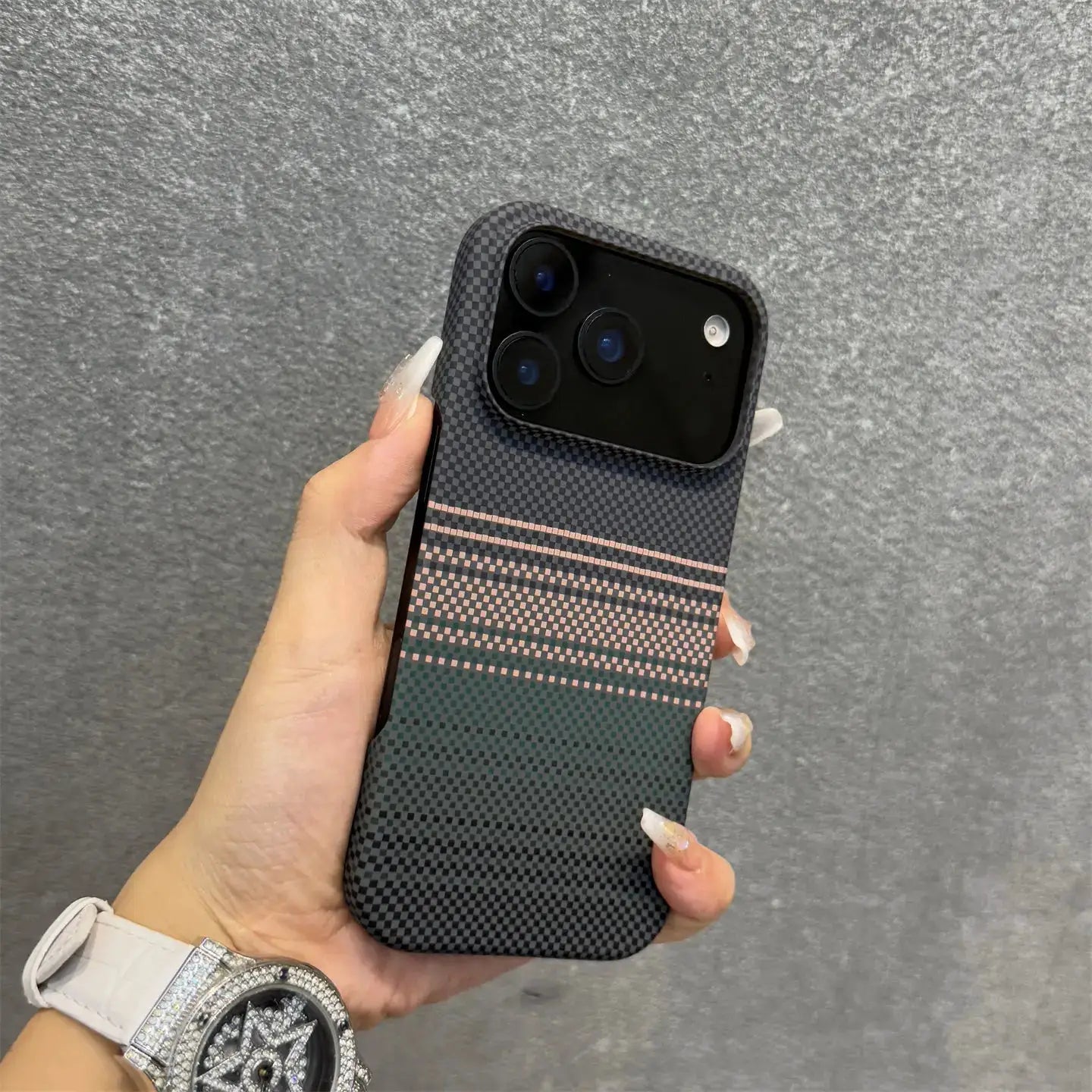 Simples Market frameless carbon fiber MagSafe iPhone case with dark checkered texture and pink stripes
