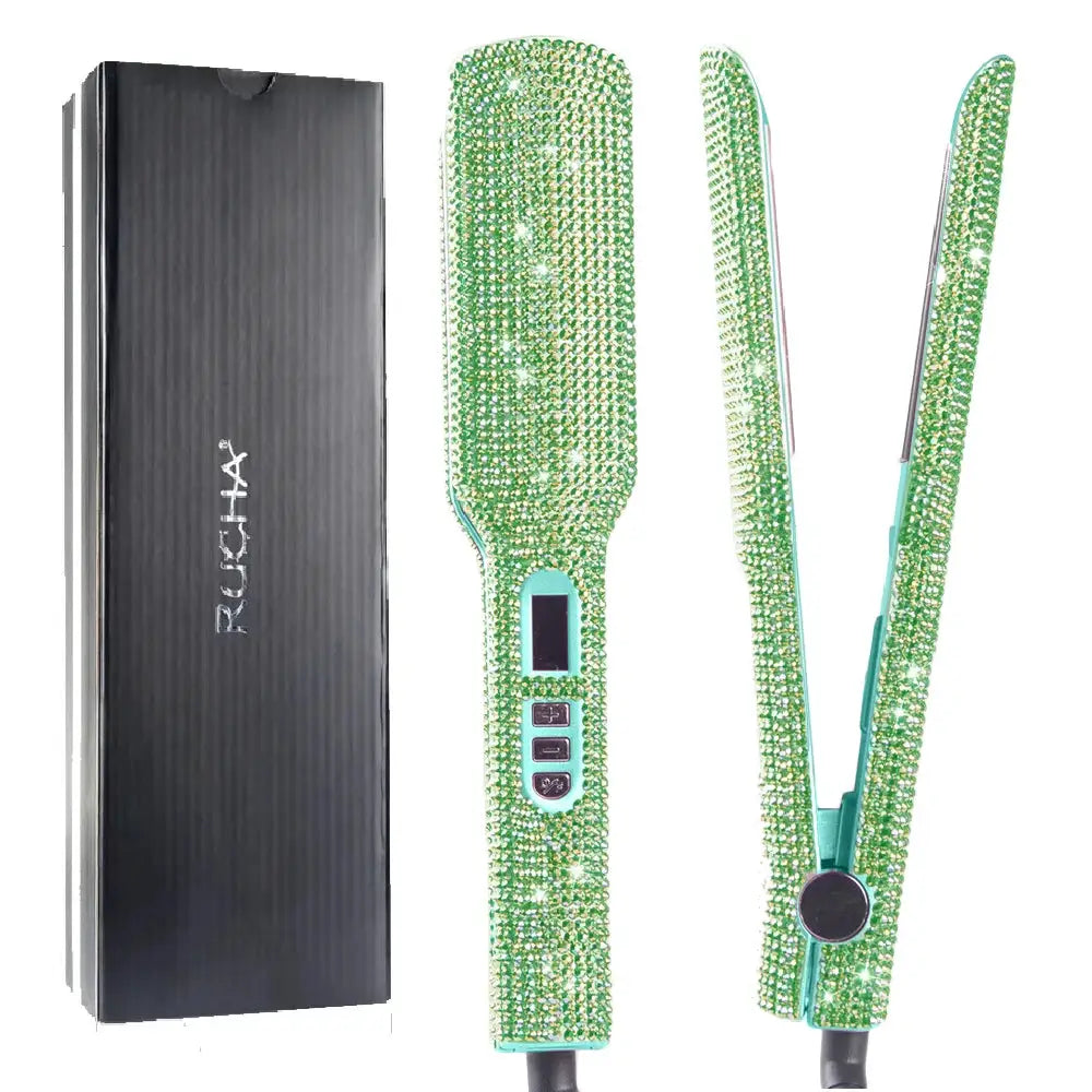 Rhinestone green titanium flat iron by Simples Market with 2-inch plates, LCD display, dual voltage.