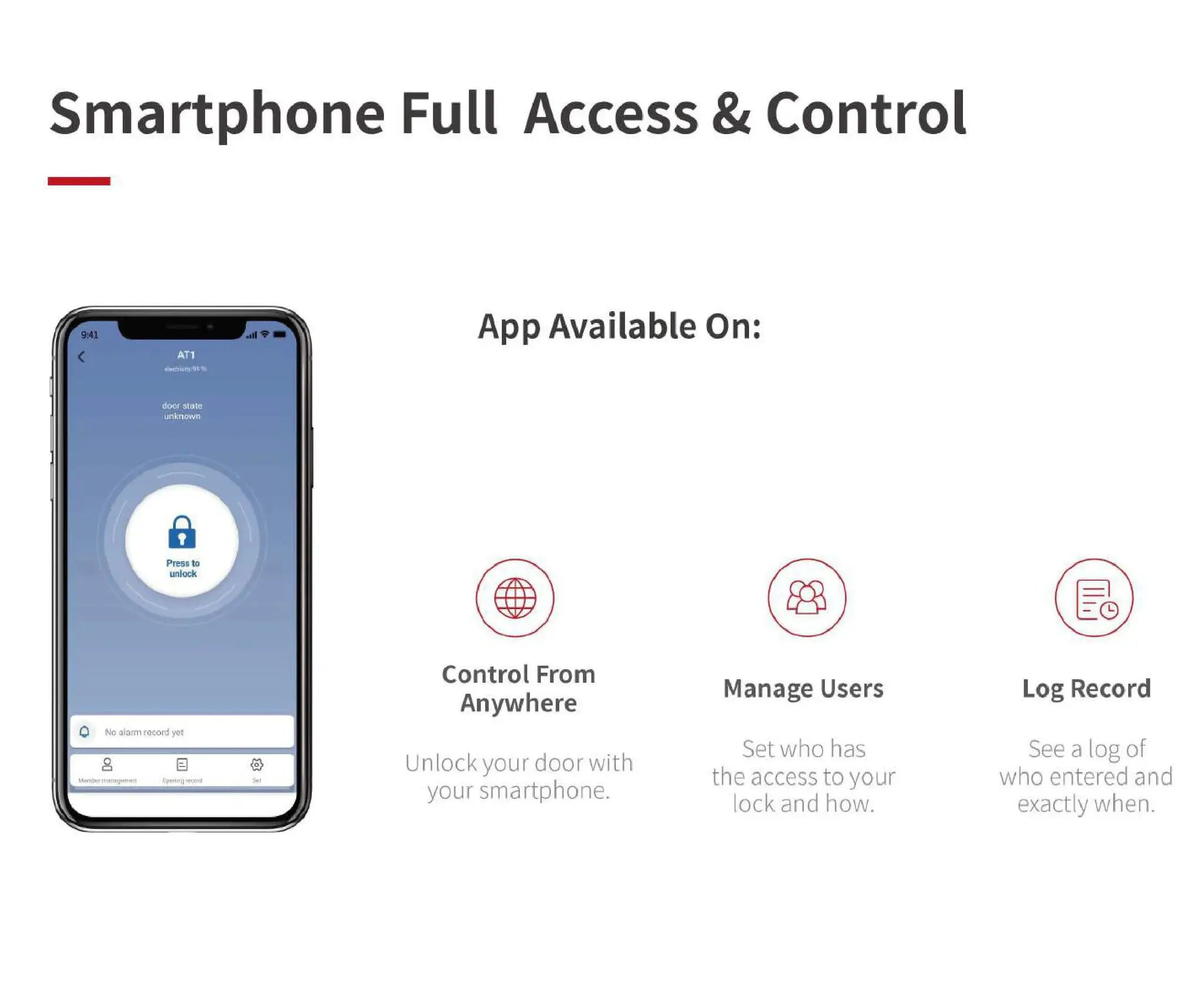 A1 Pro Bluetooth Smart Door Lock interface displayed on a smartphone screen with blue app UI and unlock icon