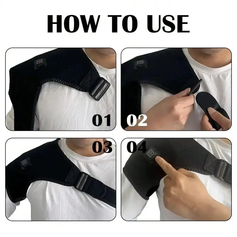 Heated shoulder brace wrap by Simples Market, black with adjustable strap; four-step usage diagram.
