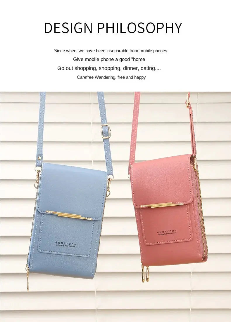Two Endaycon phone crossbody bags in blue and pink with front card slot and gold bar hardware
