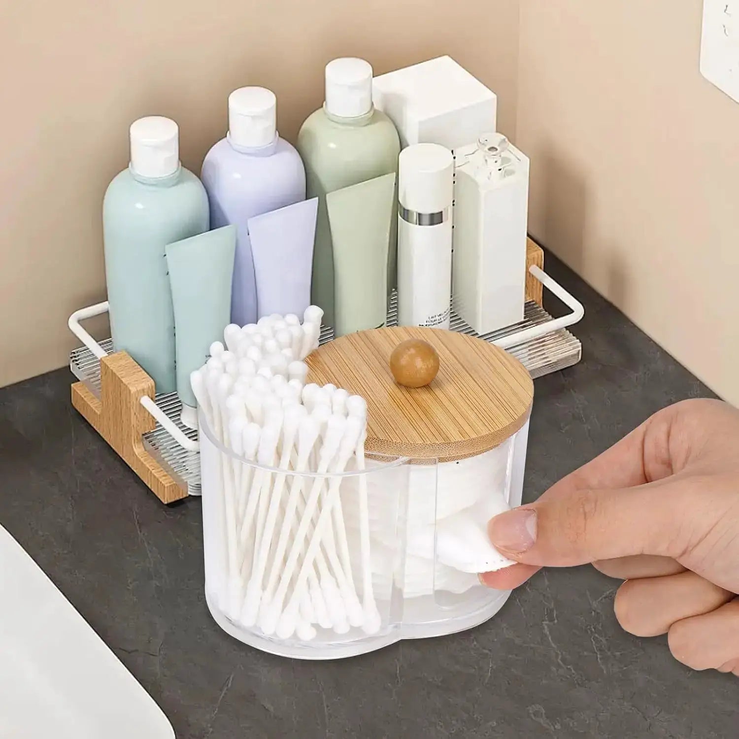 Clear Dual Compartment Cotton Swab And Cotton Balls Organizer For Bathroom Makeup Storage