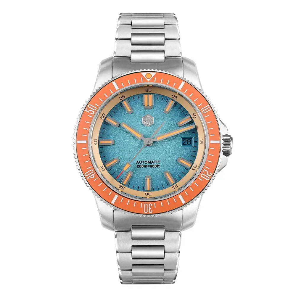 San Martin 40mm dive watch with turquoise dial, orange bezel, stainless steel bracelet, automatic, 200m water resistant