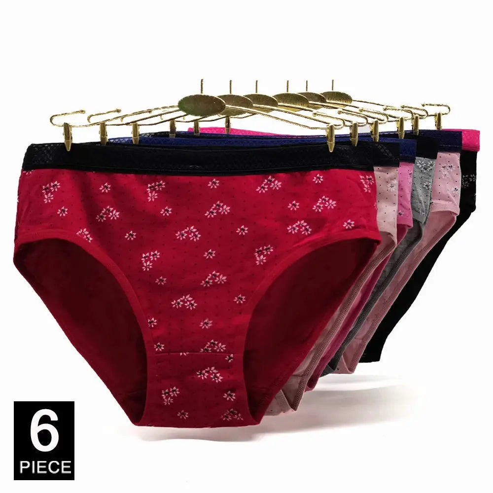 Women's cotton briefs 6-pack with red floral print, mid-rise and assorted colors, Simples Market