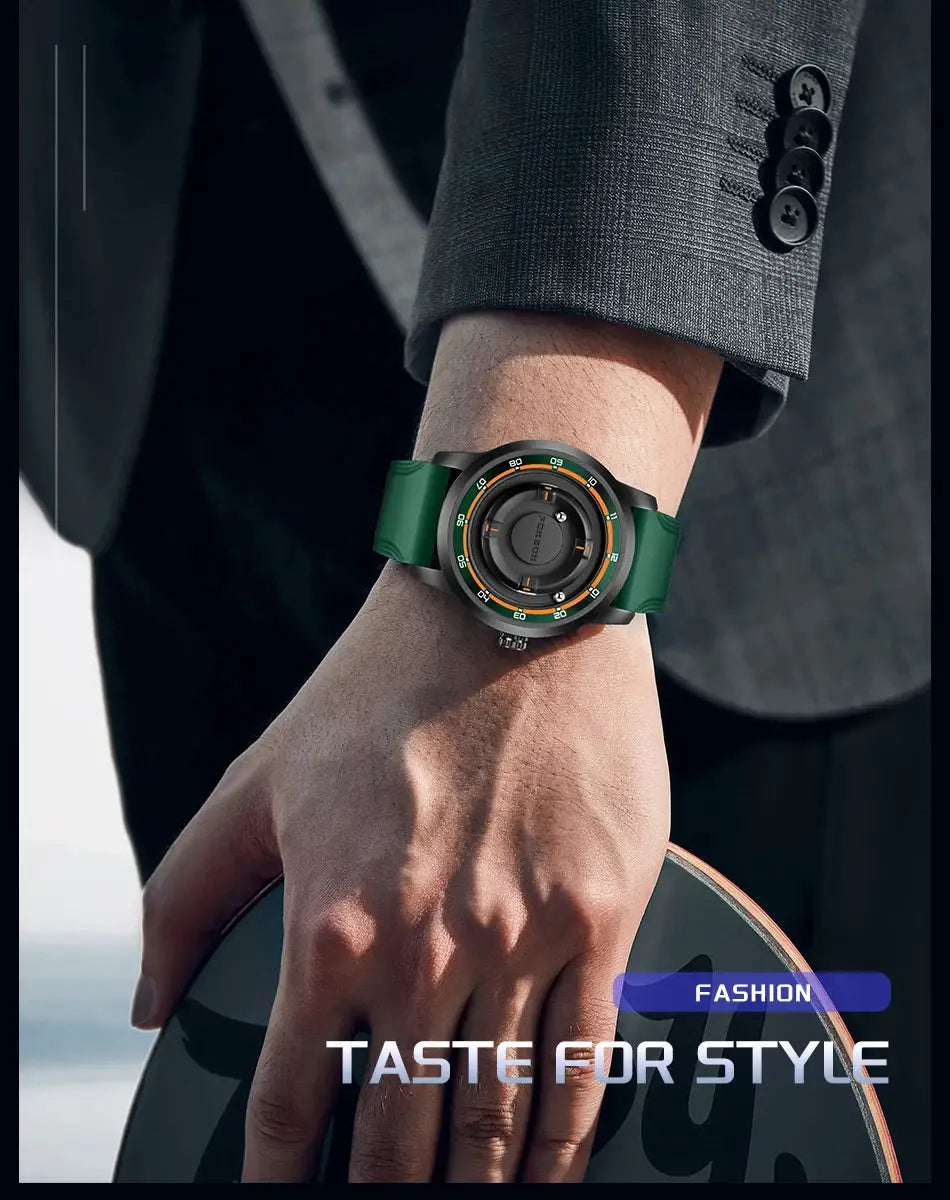 FOXBOX green silicone men's watch by Simples Market, waterproof quartz wristwatch with scrolling pointer magnetic force