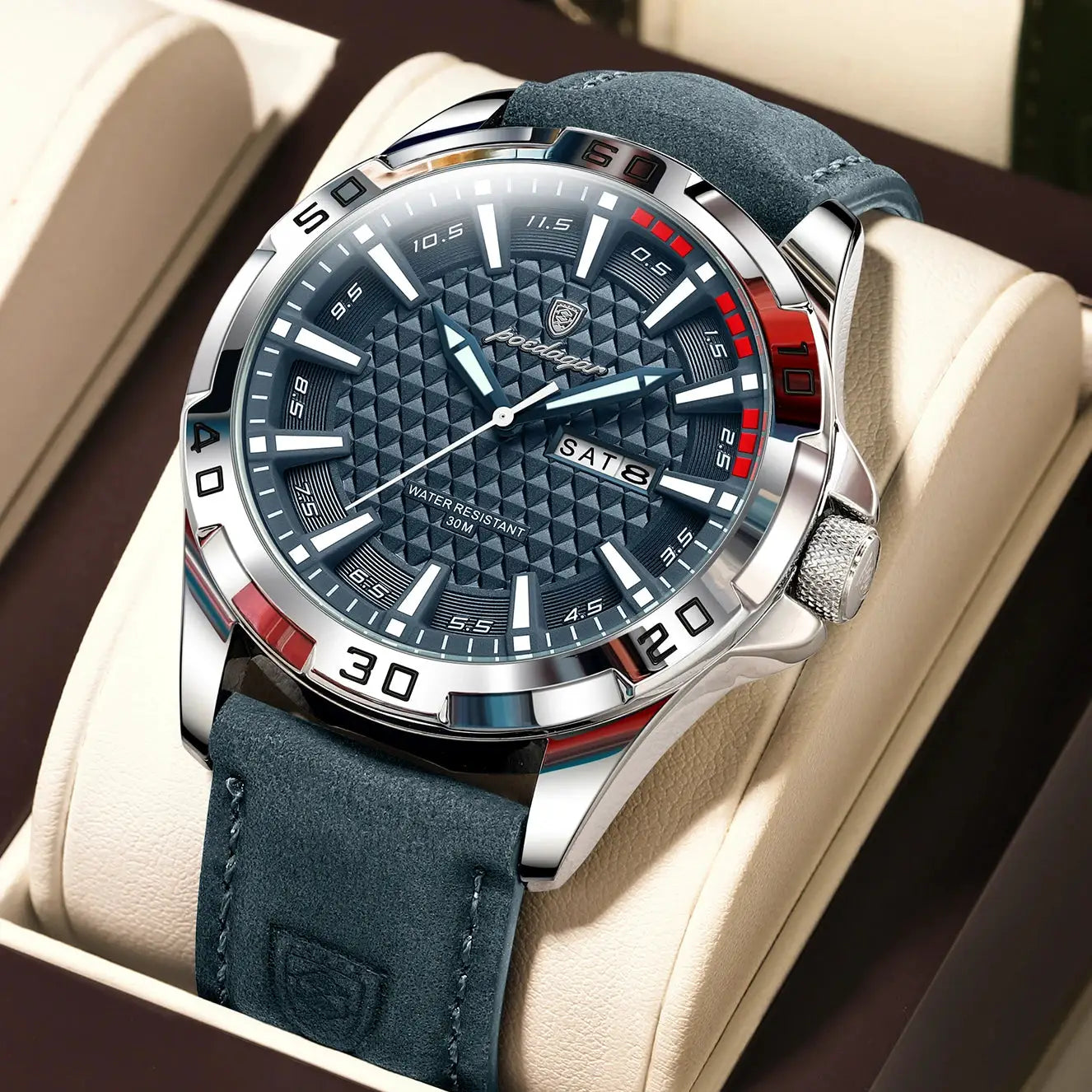 POEDAGAR men's wristwatch with blue textured dial, stainless steel case and blue leather strap, day-date window