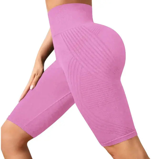 Simples Market high-waisted seamless yoga shorts, pink knitted stretch fabric.