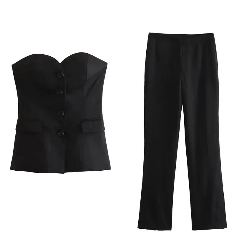 Women Elegant Strapless Tank Top Pant Suit With Side Slit Trousers