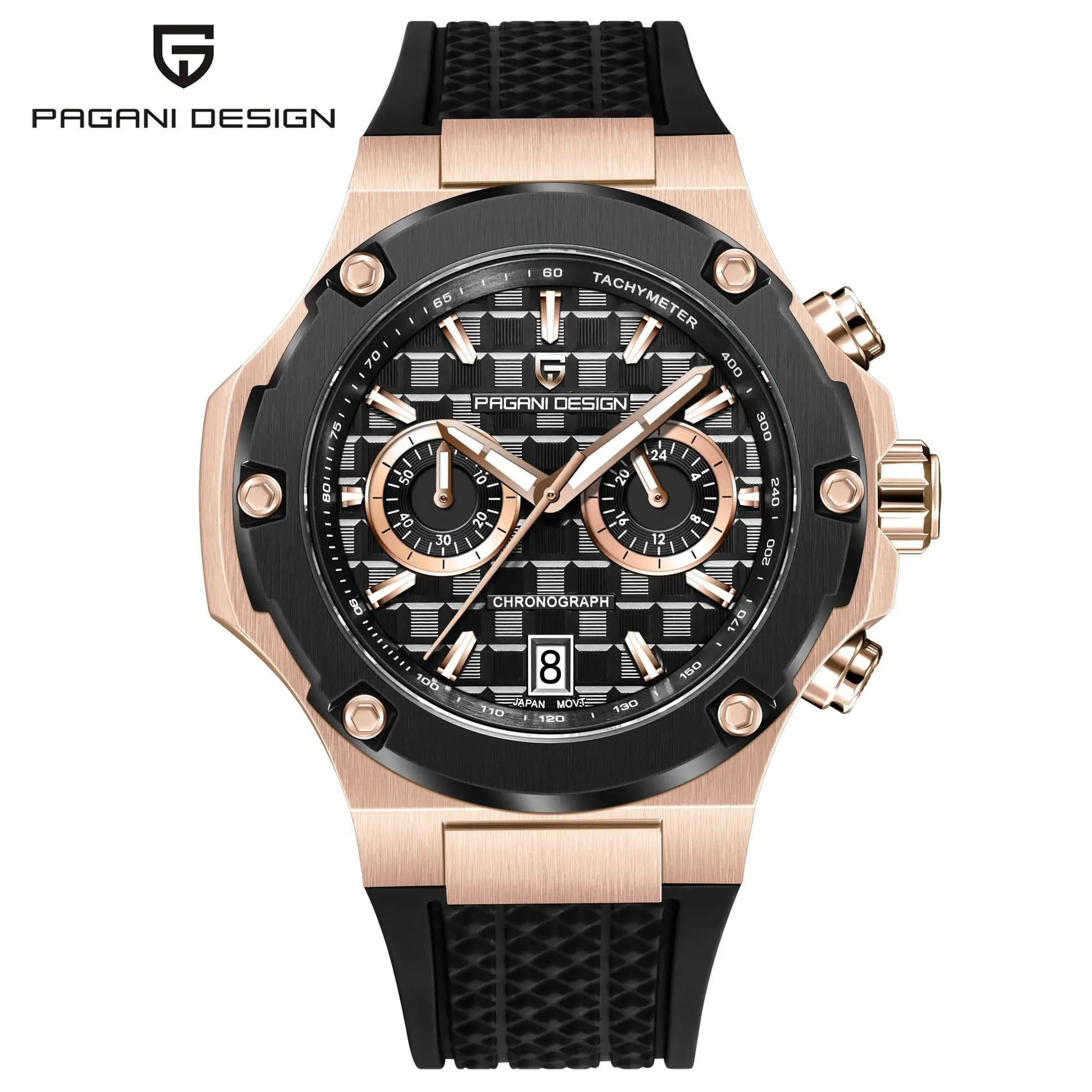 PAGANI DESIGN men's chronograph watch with rose-gold case and black fluororubber strap