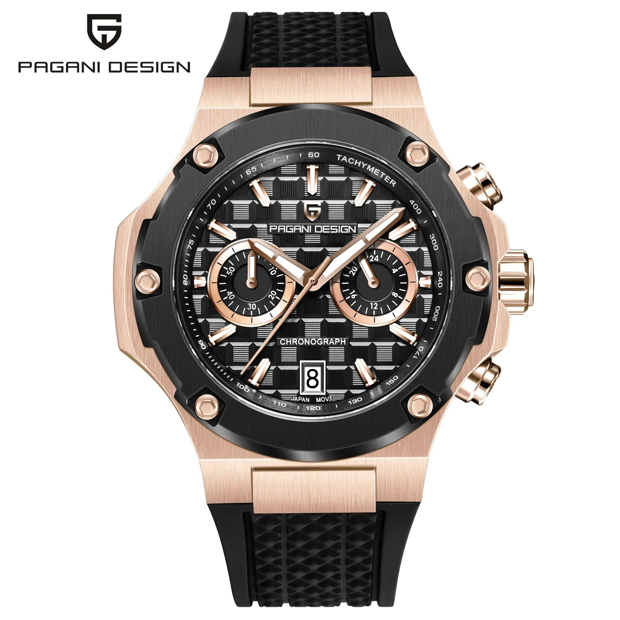 PAGANI DESIGN men's chronograph watch with rose-gold case and black fluororubber strap