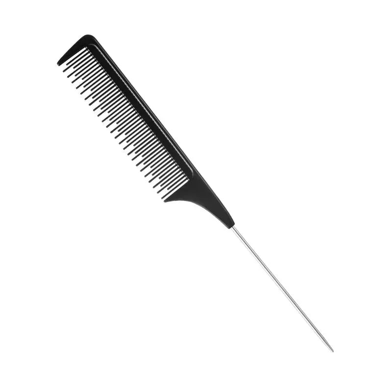 Rat-tail hair comb, black plastic with long metal tail, anti-static smoothing styling tool