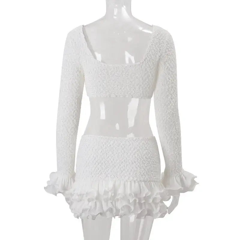Shestyle White Autumn Two Piece Set Ruffles Crop Top And Sheath Skirt