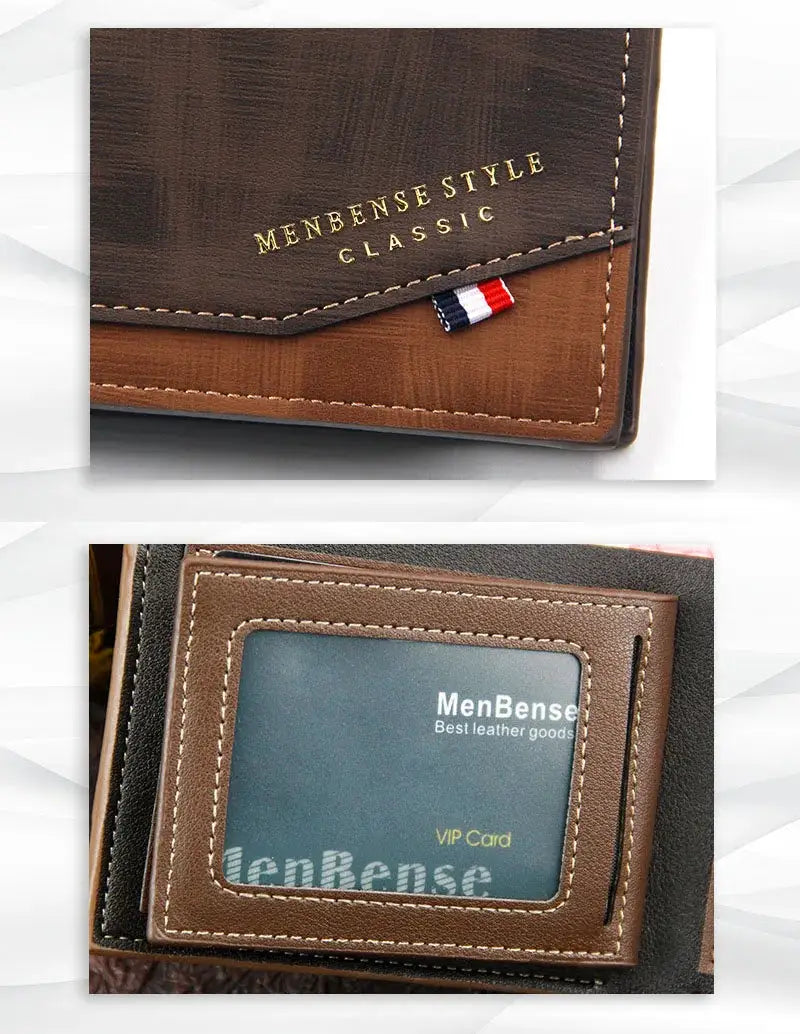 Men's brown frosted leather wallet with card window, photo ID holder, slim coin pocket, MenBense branding