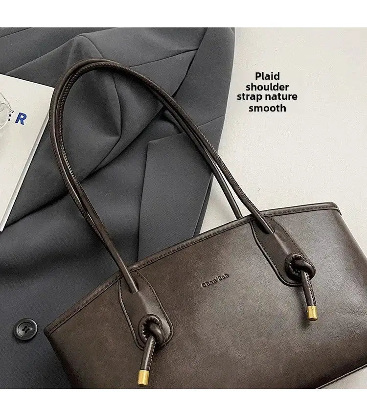 Simples Market brown PU leather shoulder bag for women with double top handles and gold-tone hardware