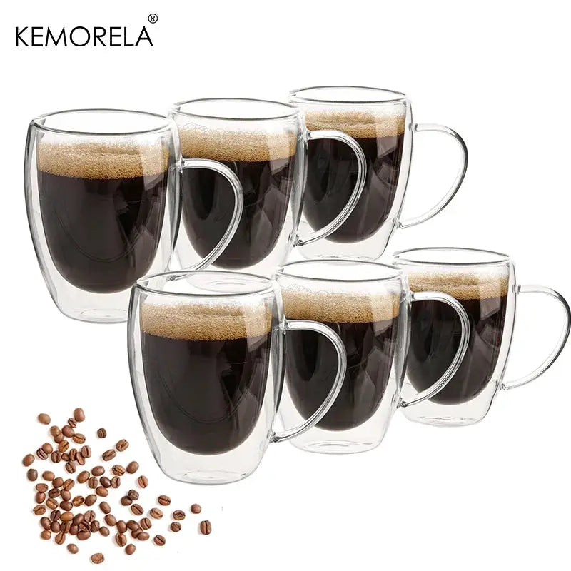 Set Of 2 4 6 350ml Double Wall Glass Mugs With Handle Transparent Cappuccino Coffee Tea Juice Cup