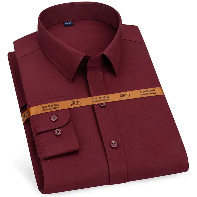 Simples Market men's burgundy dress shirt, long sleeve slim-fit, solid color.