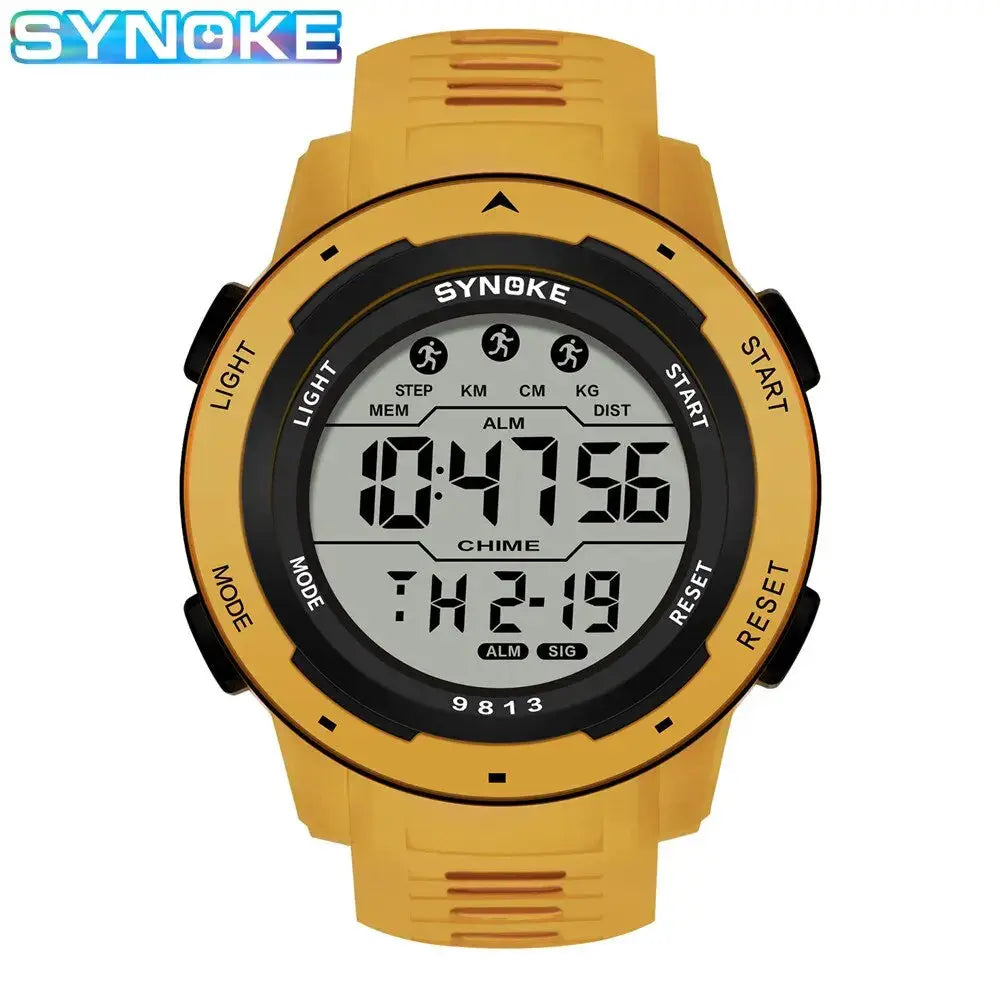 SYNOKE men's yellow digital sports watch with large LCD display, 50M water resistance, silicone strap