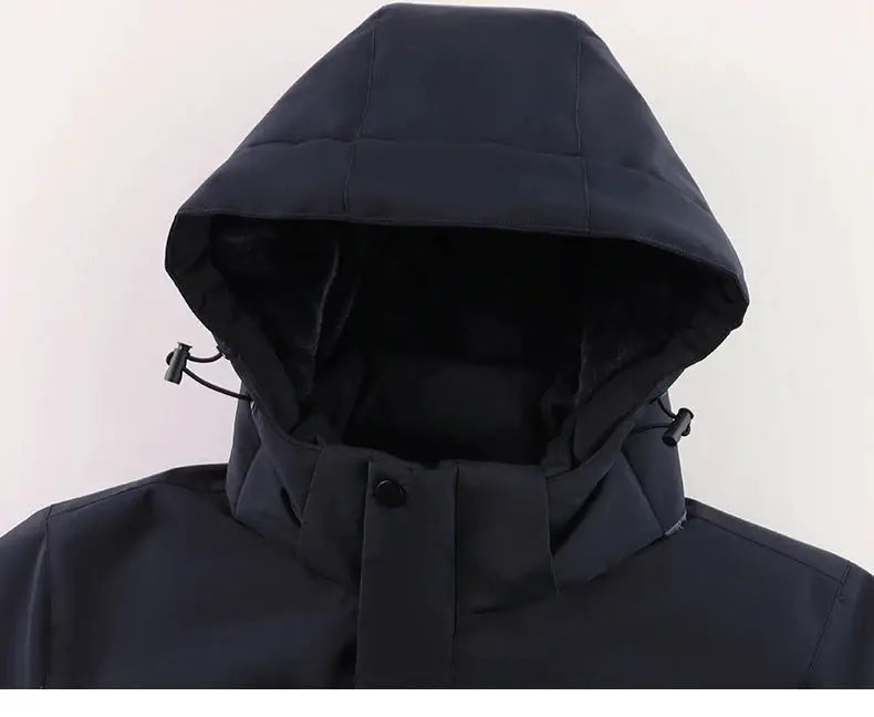 Men's navy waterproof hooded parka jacket with fleece lining and high collar