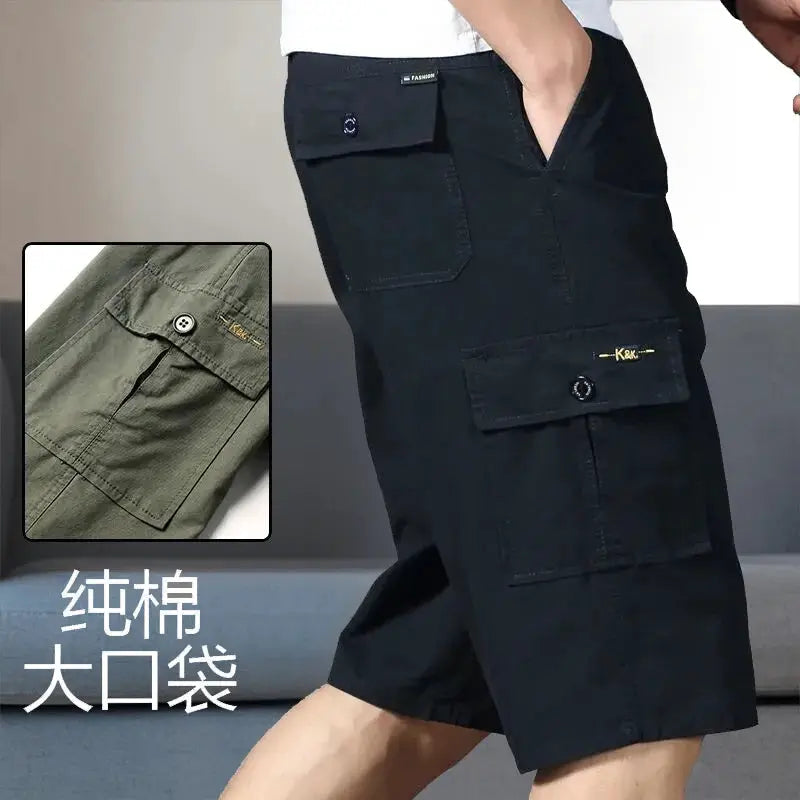 Men's cargo shorts by Simples Market, knee-length black cotton shorts with zipper pockets and large cargo pockets.