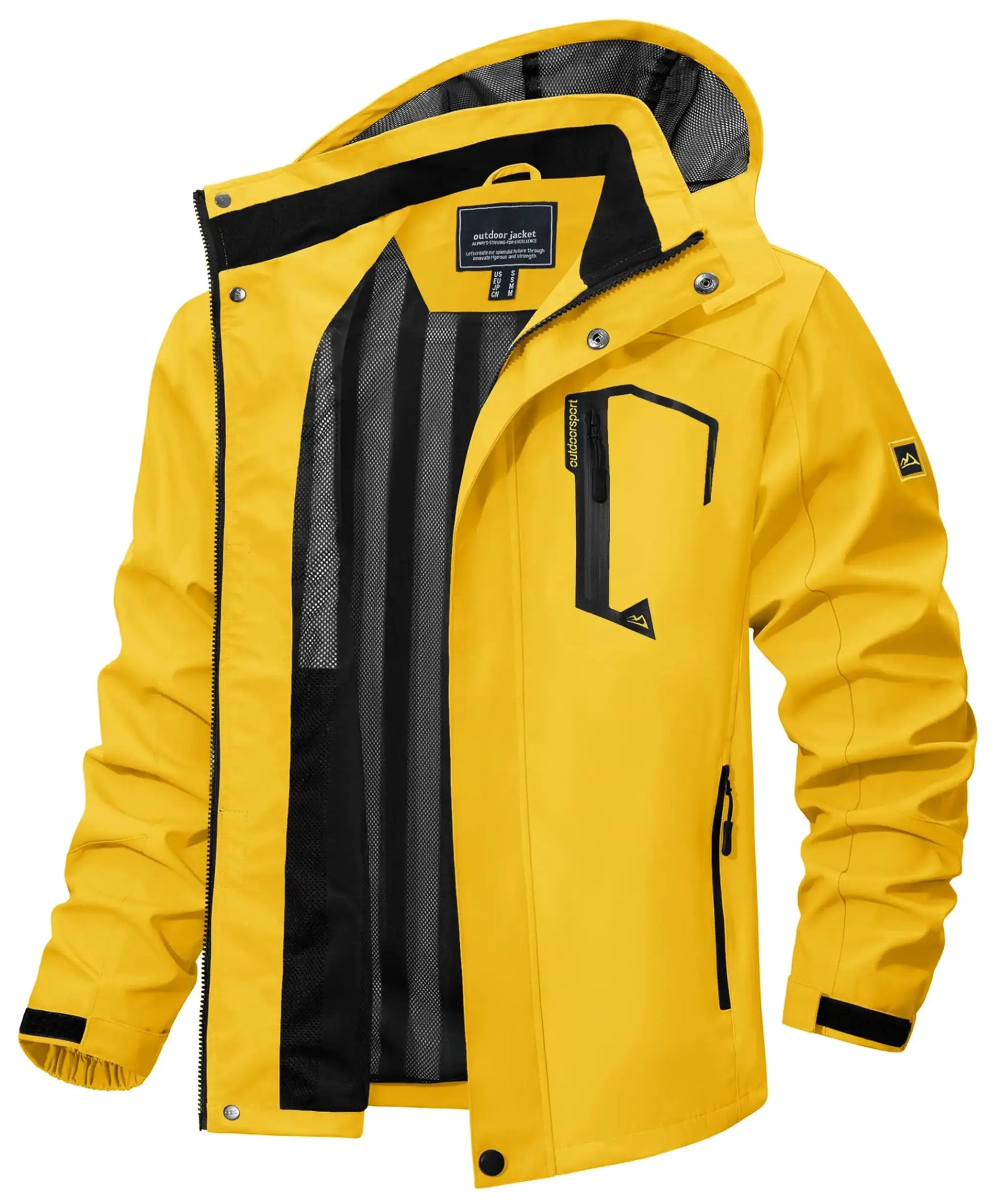 TACVASEN men's yellow waterproof rain jacket with mesh-lined interior and zip pockets
