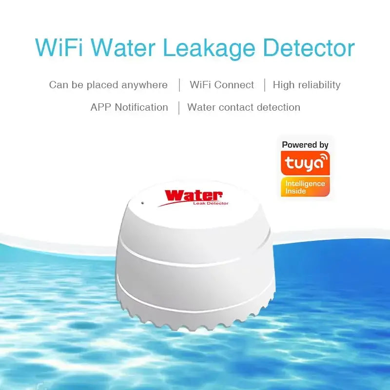 Tuya WiFi Water Leak Detector flood sensor, white plastic device with Tuya logo