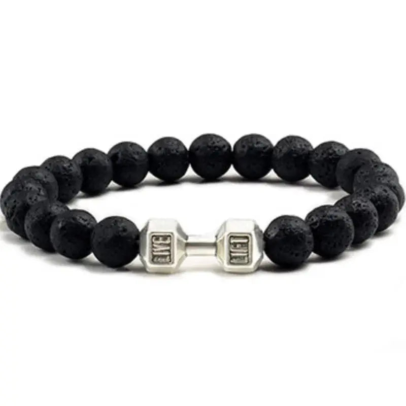 Natural Black Volcanic Lava Stone Dumbbell Bracelet With Matte Beads For Men And Women Fitness Jewelry