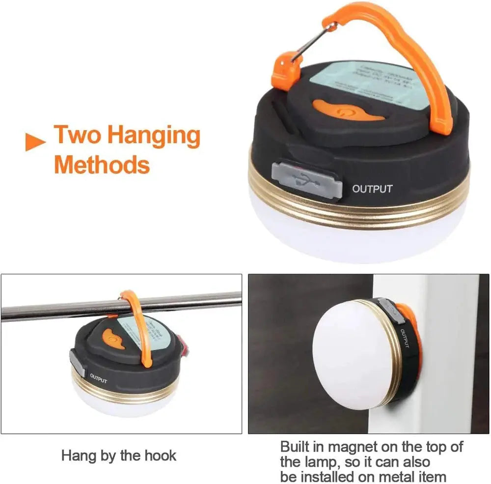 10W camping lantern with orange handle, black top and white base; USB rechargeable and magnetic top.