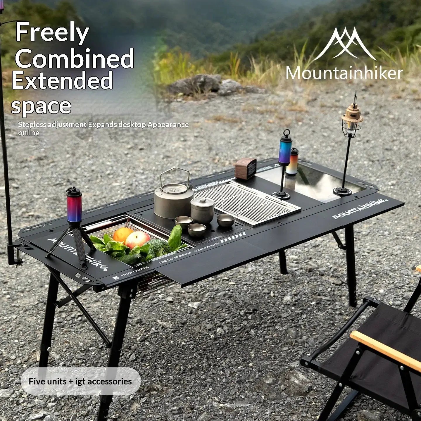 Mountainhiker 304 stainless steel portable BBQ grill and IGT table stove; 5pc camping cooking set by Simples Market.