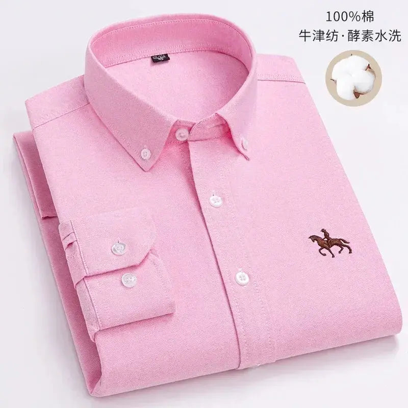 Casual Pure Cotton Oxford Men's Shirt, pink with horse embroidery, long sleeve, regular fit, Simples Market