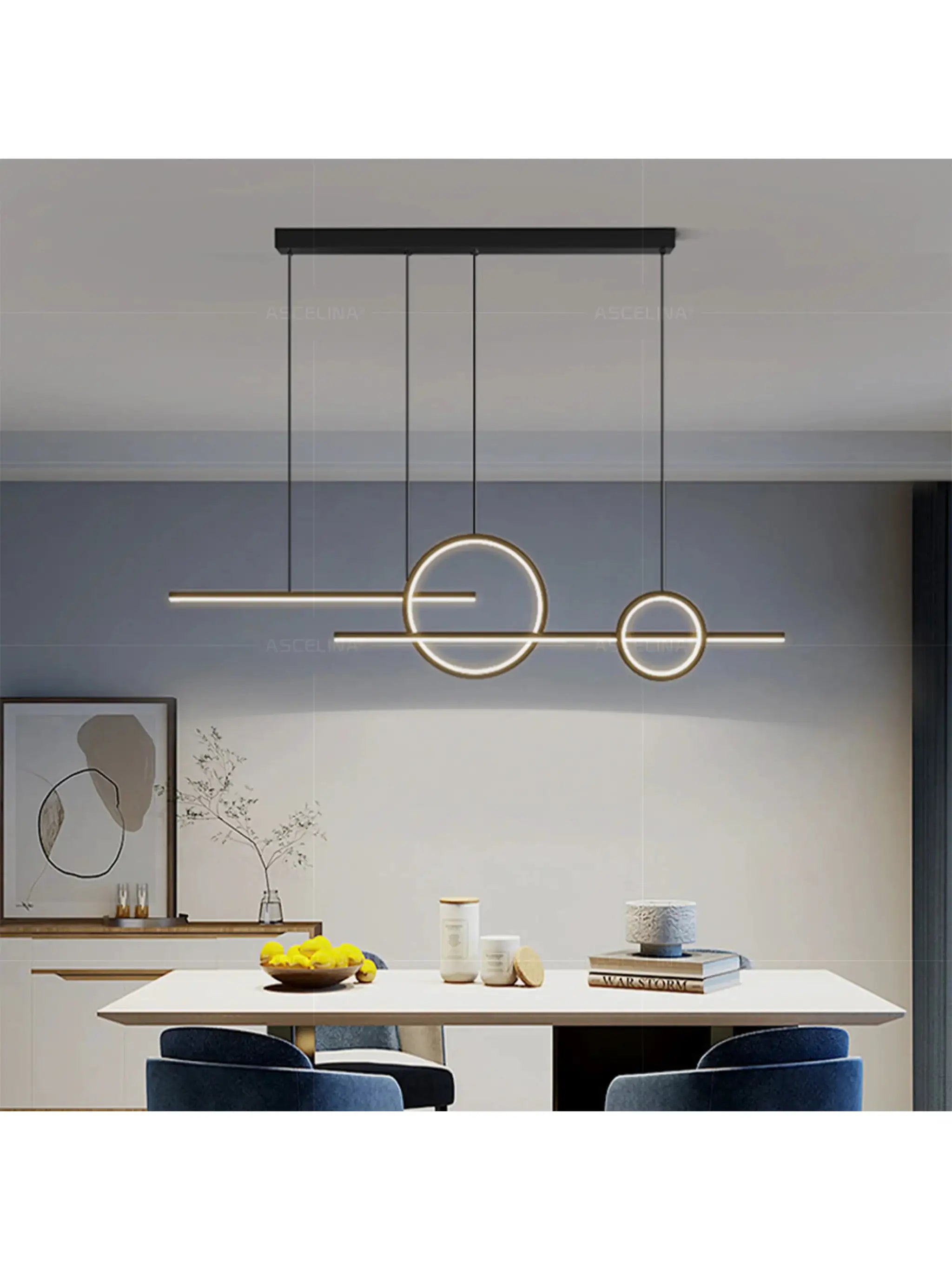 Modern LED chandelier by Simples Market with gold-tone circular rings and a linear bar pendant