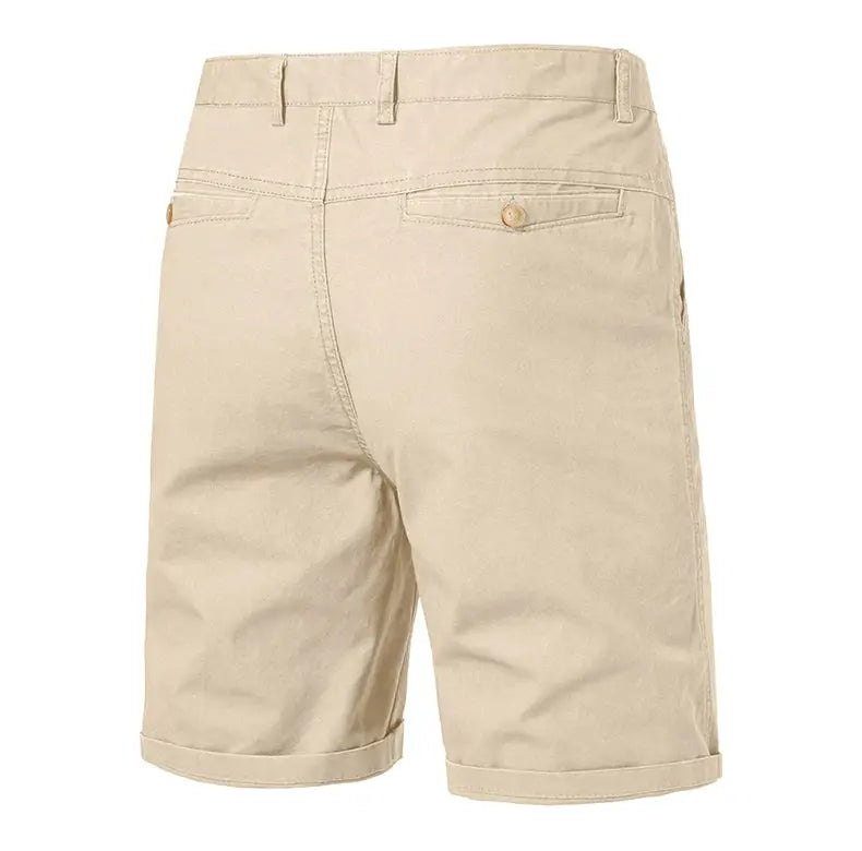 Men's beige lightweight quick-dry golf shorts with flat front, cuffed hems and four pockets