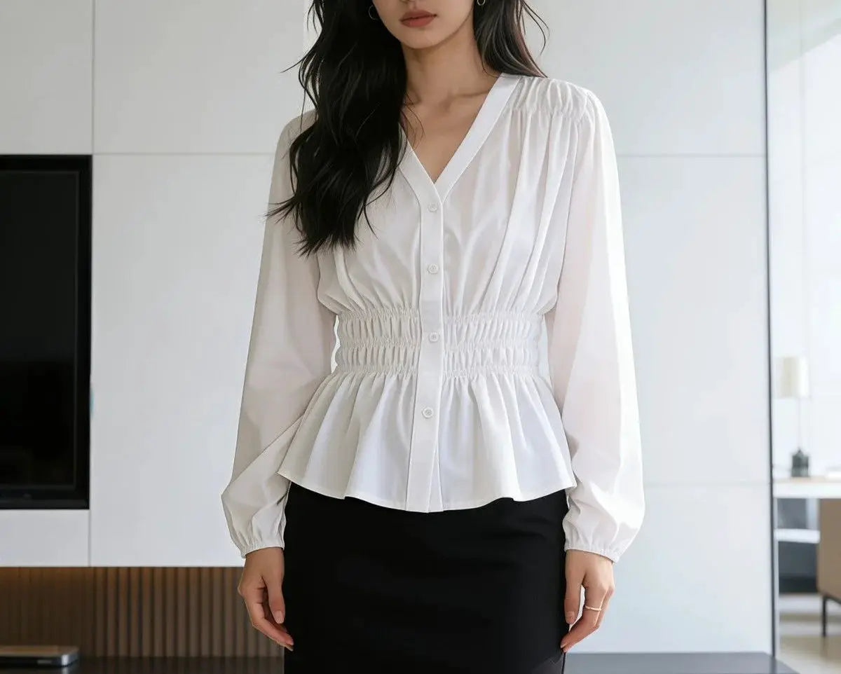 Plus Size Elastic Waist V Neck Puff Sleeve Blouse For Summer