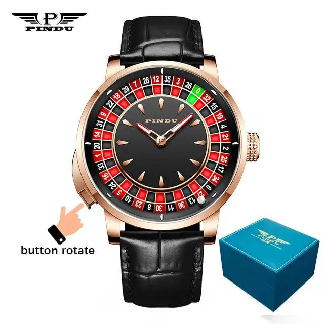 PINDU men's mechanical watch with roulette bezel, rose-gold case, black dial and black leather strap; blue box.