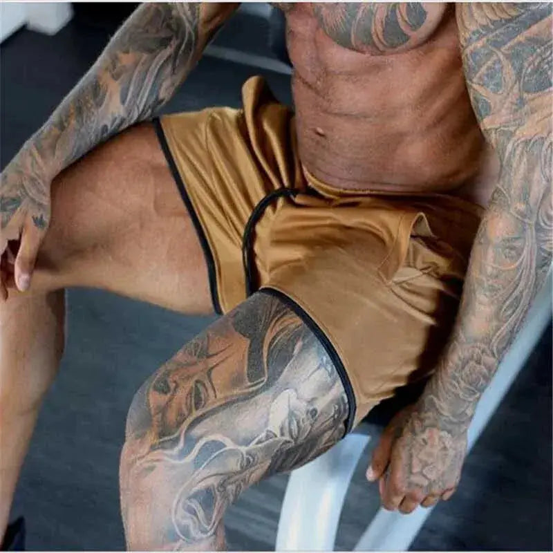 Men's tan mesh gym shorts by Simples Market, breathable training shorts with black trim