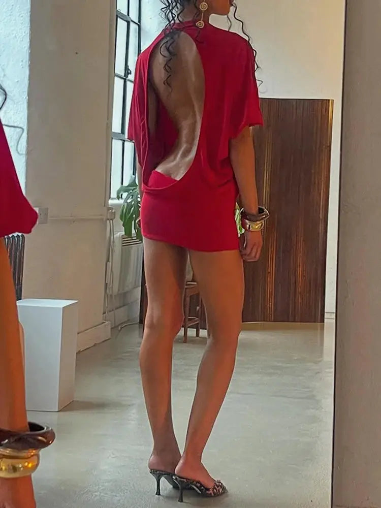 Nibber O Neck Sexy Backless Mini Dress For Women Y2K Solid Trend Style