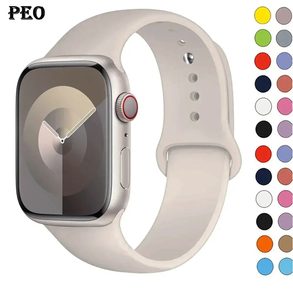Silicone Apple Watch band beige, fits 38–49mm sizes, by PEO, shown with color swatches