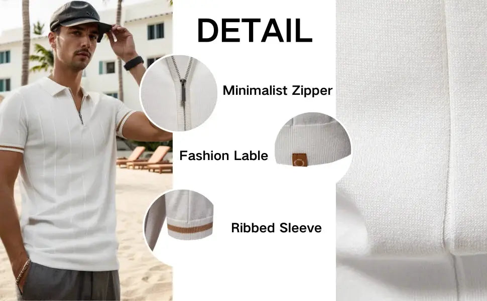 AIOPESON men's slim fit white zipper polo shirt
