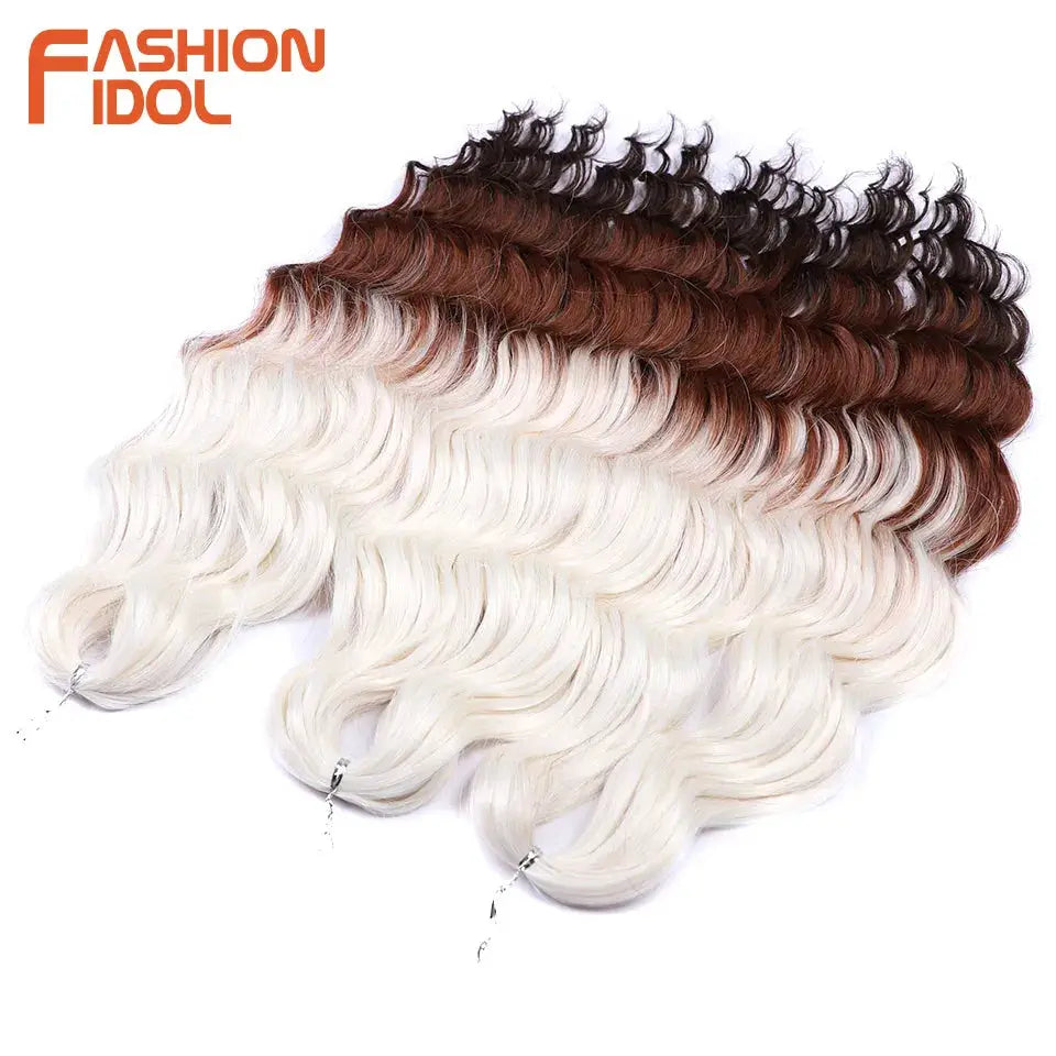 Anna 24-inch synthetic water-wave braiding hair extensions in ombre blonde to brown, deep wave curls by Simples Market