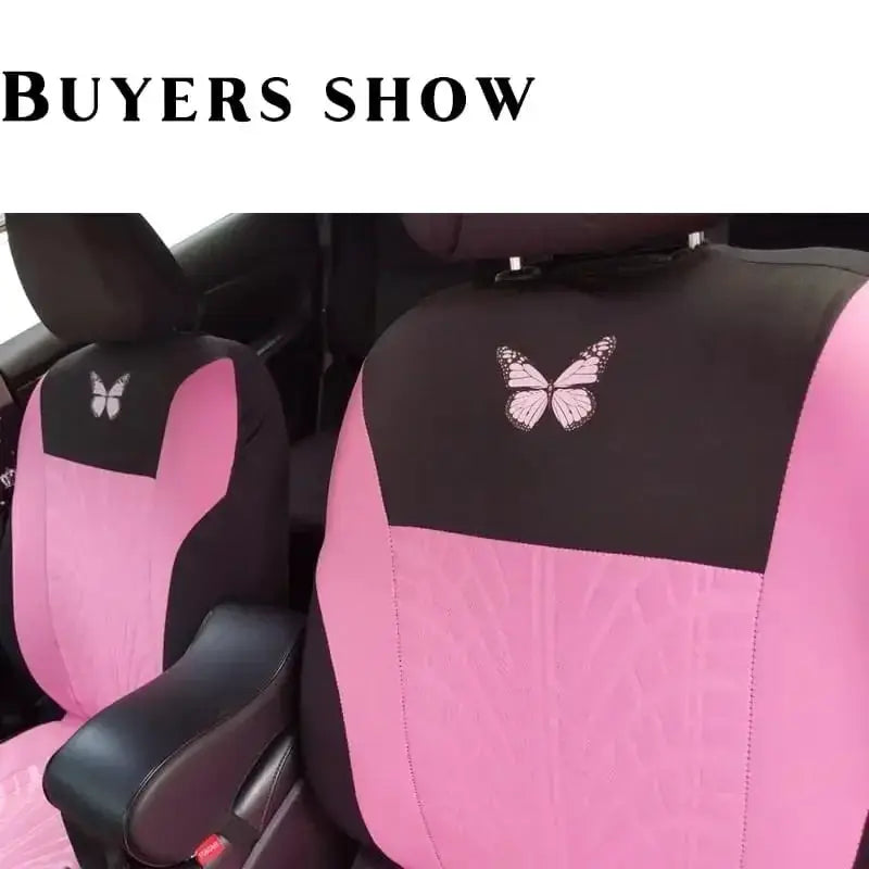 Car seat covers full set, pink and black with butterfly embroidery, front-seat pair